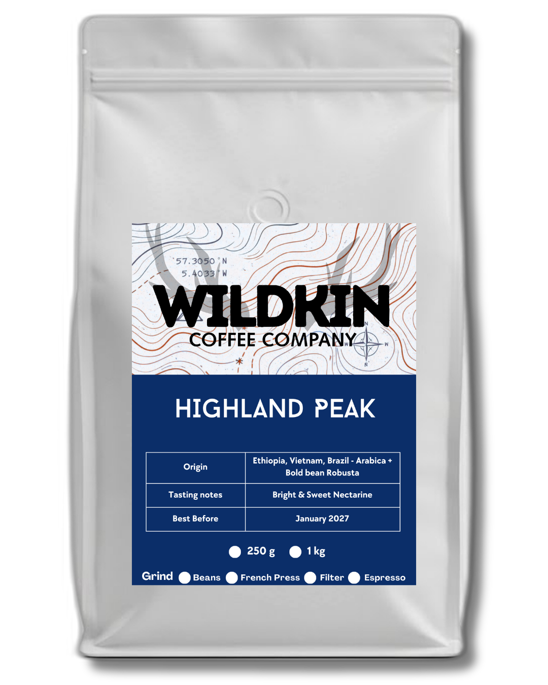 Highland Peak Blend - Arabica and Robusta coffee blend with bright, sweet nectarine notes