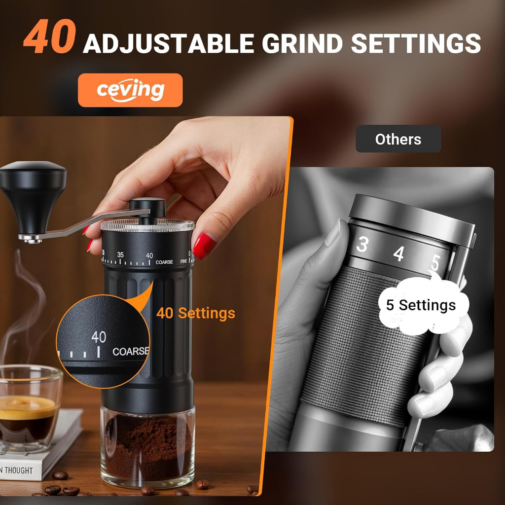 Mini manual coffee grinder - 40 adjustable settings hand grinder for fresh coffee beans